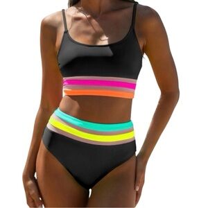 Popvil High Waisted Bikini Set Neon Modest Two Piece Sz XXL NWT